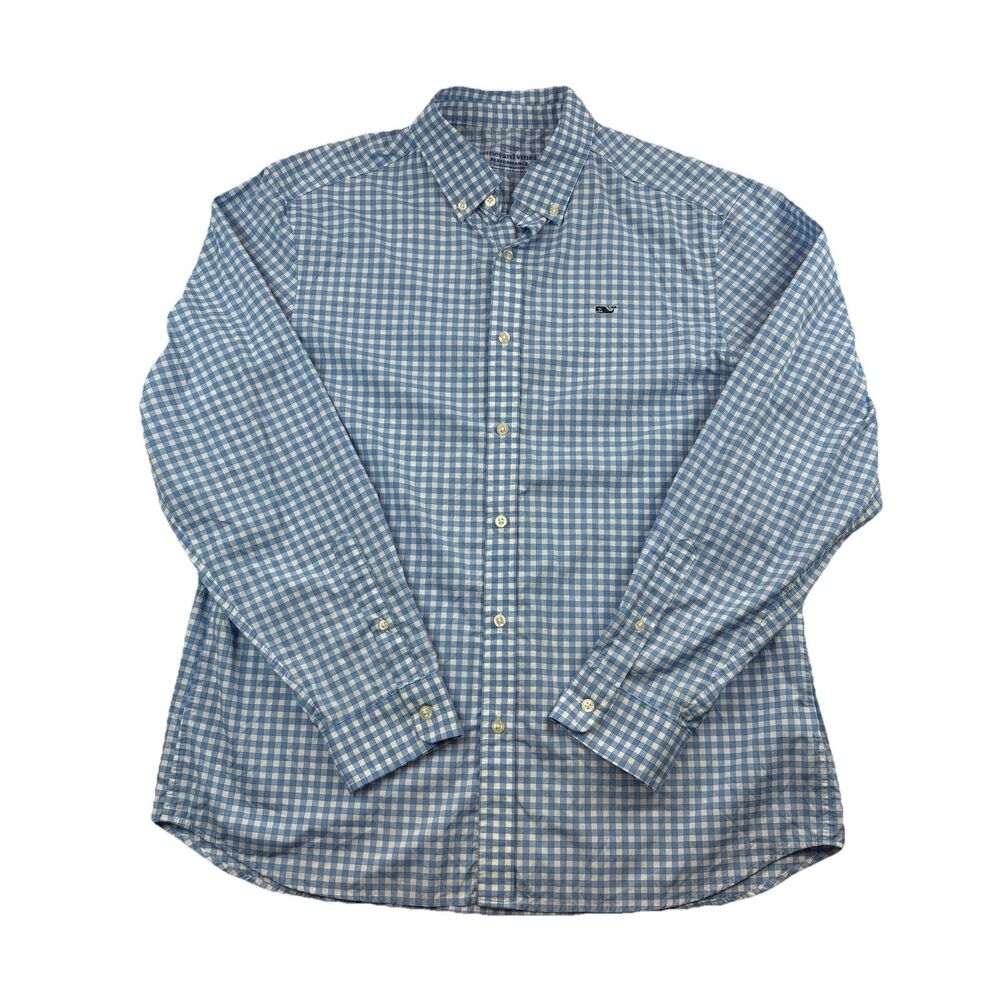 Vineyard Vines Performance Classic Fit Whale Shirt Mens L Blue Gingham Stretch